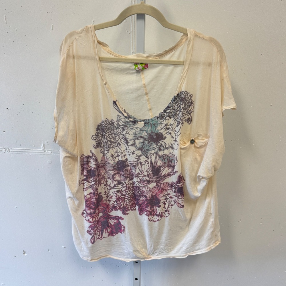 RARE Free People Floral Graphic Oversized Tee Cream Purple Boho Scoop Neck Large